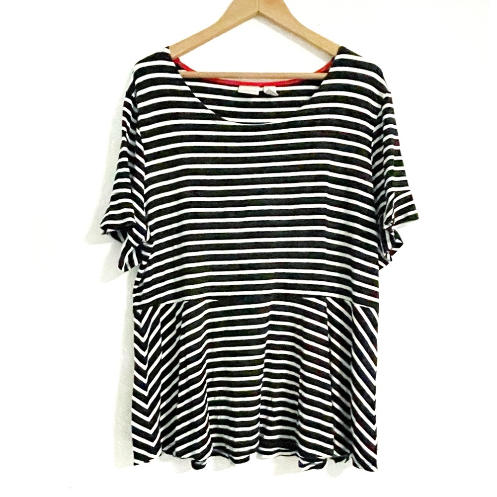 Chico’s • black white striped short sleeve peplum top • chicos size 3 |  14-16